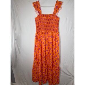 Orange Pink Diamond Smocked Ruffle Maxi Dress Women's Sz M Summer Beach Vacation